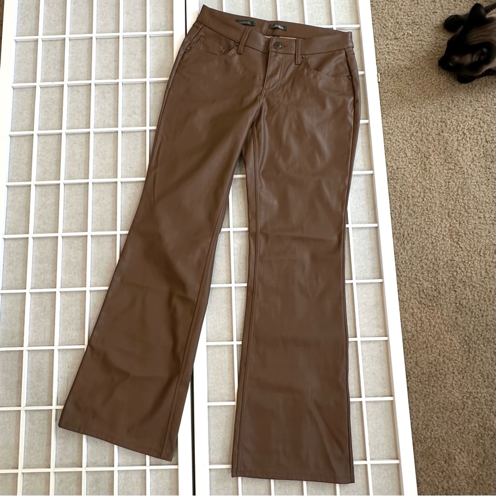 Brown Leather Low-Rise Flare Pants